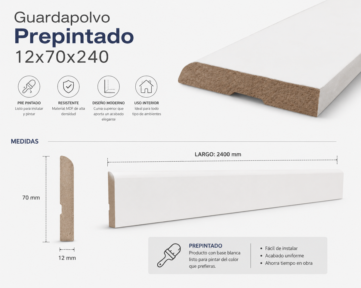 Guardapolvo MDF Prepintado Blanco 12 × 70 × 2400 mm